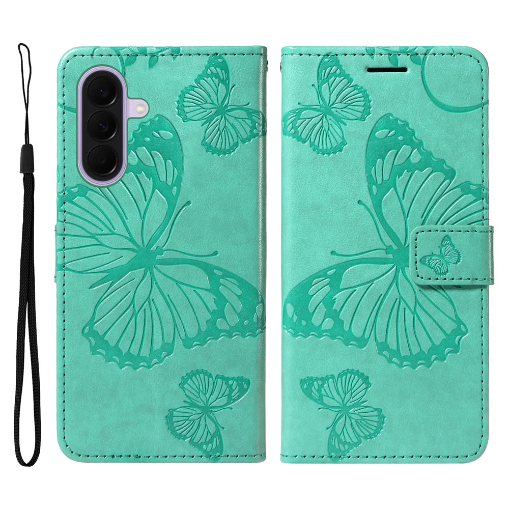 For Samsung Galaxy A27 5G Wallet Case Floral Butterfly Imprinted Leather Phone Cover Stand -  Green - 1