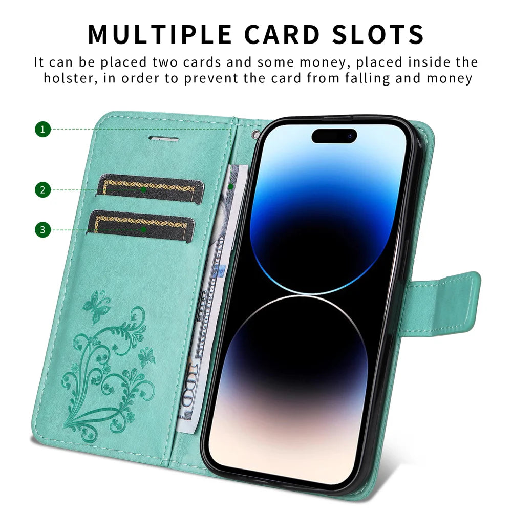 For Samsung Galaxy A27 5G Wallet Case Floral Butterfly Imprinted Leather Phone Cover Stand -  Green - 6