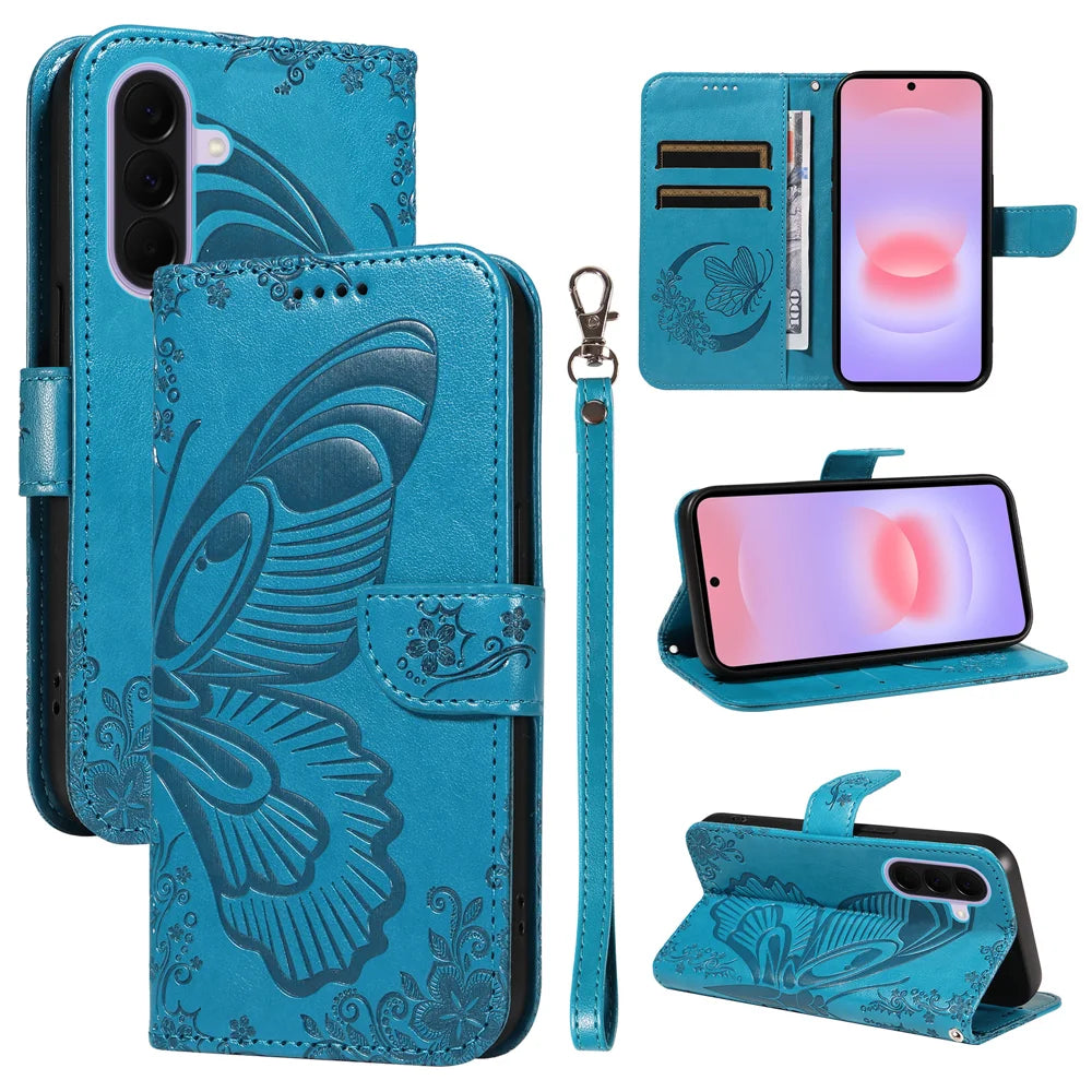 For Samsung Galaxy A27 5G Case Butterfly Pattern PU Leather Folio Flip Phone Cover -  Blue - 2