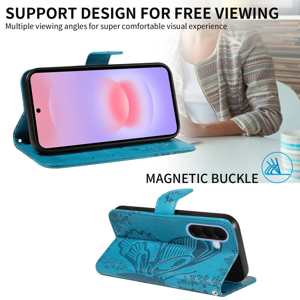 For Samsung Galaxy A27 5G Case Butterfly Pattern PU Leather Folio Flip Phone Cover -  Blue - 3
