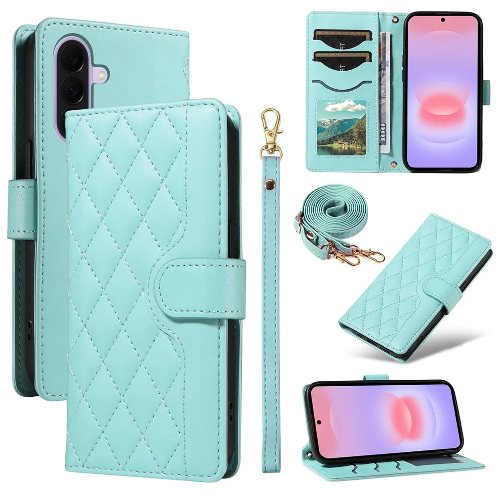 For Samsung Galaxy A27 5G Wallet Case Rhombus Leather Phone Cover with Strap - Green - 1