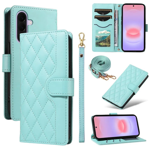 For Samsung Galaxy A27 5G Wallet Case Rhombus Leather Phone Cover with Strap - Green - 1