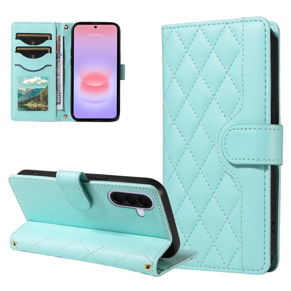 For Samsung Galaxy A27 5G Wallet Case Rhombus Leather Phone Cover with Strap - Green - 2
