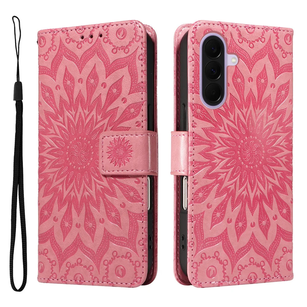 For Samsung Galaxy A27 5G Leather Wallet Case Sunflower Imprinted Phone Cover - Pink - 1