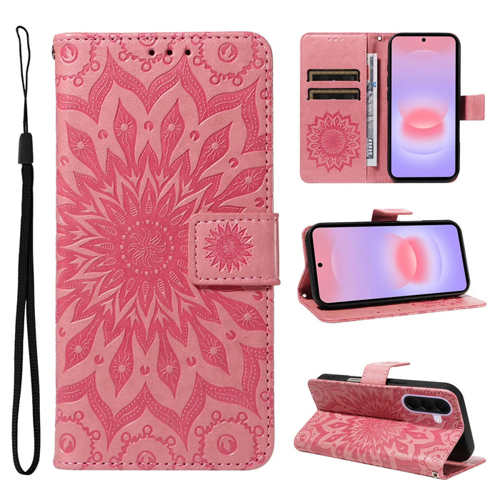 For Samsung Galaxy A27 5G Leather Wallet Case Sunflower Imprinted Phone Cover - Pink - 2