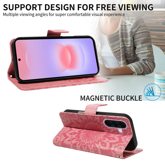 For Samsung Galaxy A27 5G Leather Wallet Case Sunflower Imprinted Phone Cover - Pink - 3