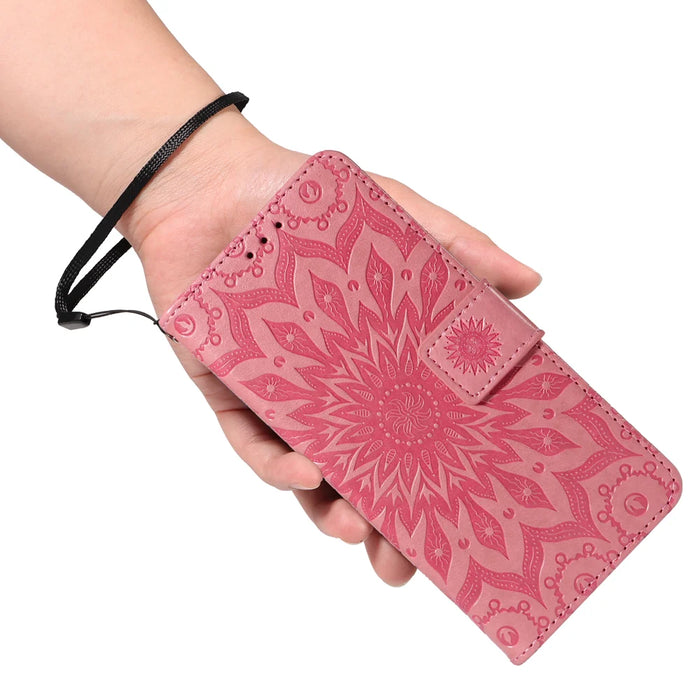 For Samsung Galaxy A27 5G Leather Wallet Case Sunflower Imprinted Phone Cover - Pink - 5