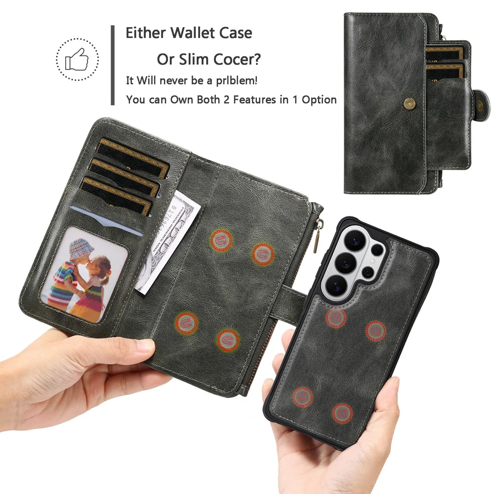 For Samsung Galaxy S26 Ultra Phone Case PU Leather Zipper Wallet Detachable Cover - Green - 3