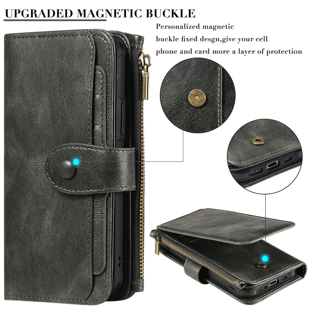 For Samsung Galaxy S26 Ultra Phone Case PU Leather Zipper Wallet Detachable Cover - Green - 6