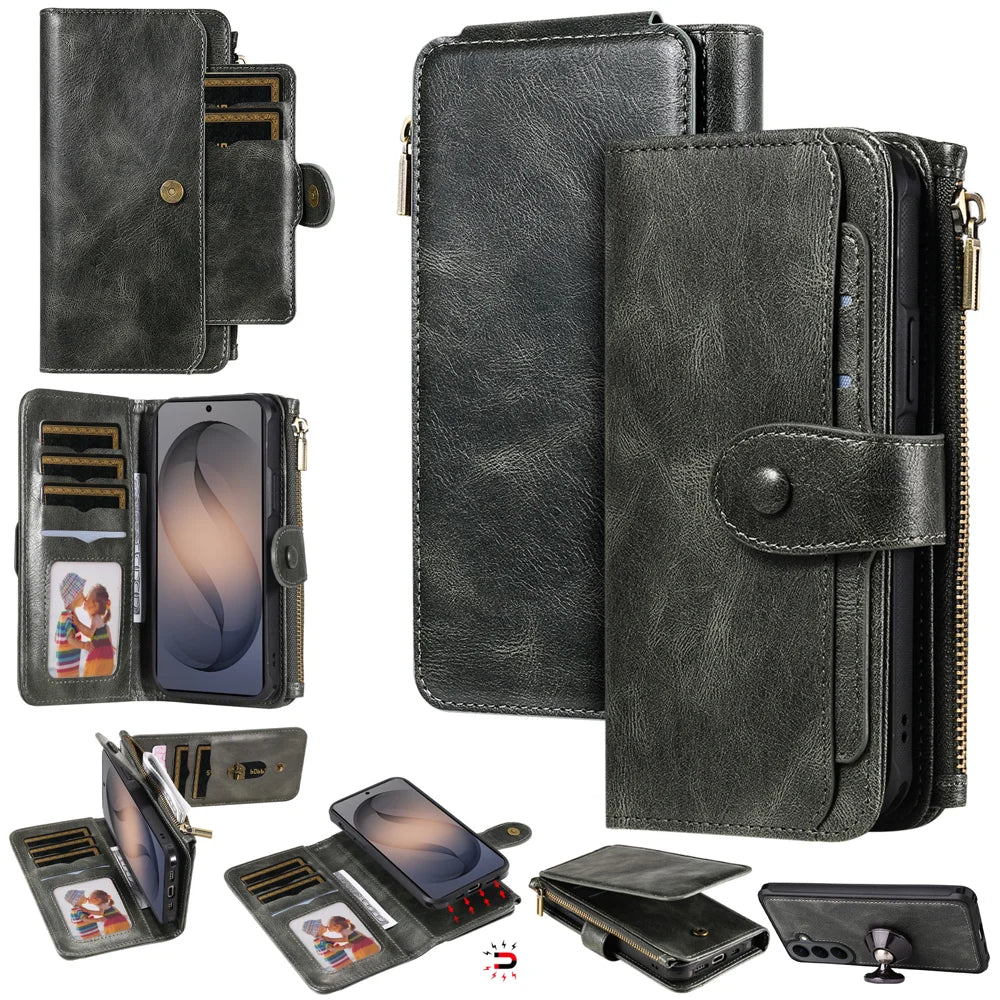 For Samsung Galaxy S26+ Phone Case PU Leather Zipper Wallet Detachable Cover - Green - 1
