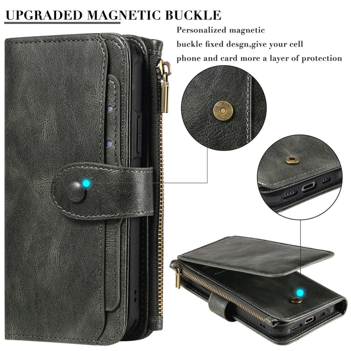 For Samsung Galaxy S26+ Phone Case PU Leather Zipper Wallet Detachable Cover - Green - 6