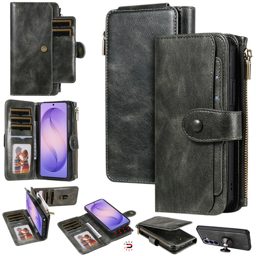 For Samsung Galaxy S26 Phone Case PU Leather Zipper Wallet Detachable Cover - Green - 1