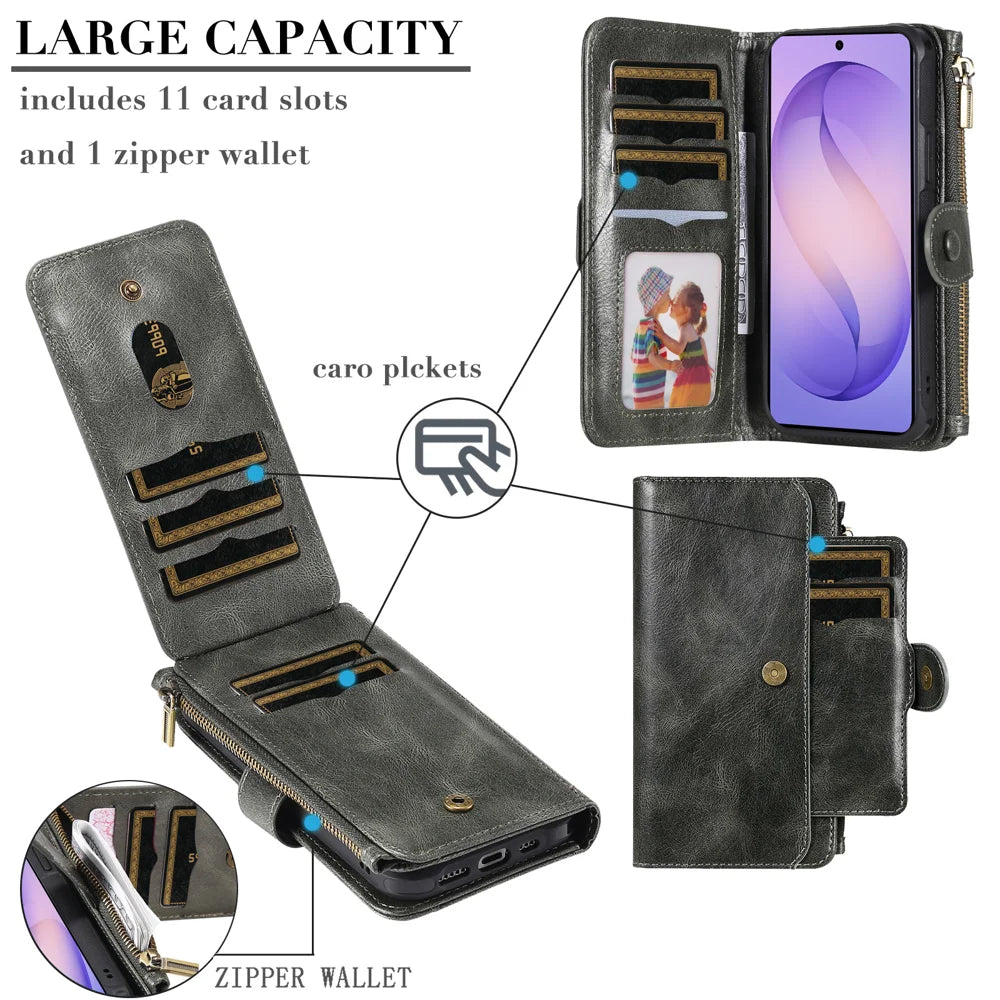 For Samsung Galaxy S26 Phone Case PU Leather Zipper Wallet Detachable Cover - Green - 5