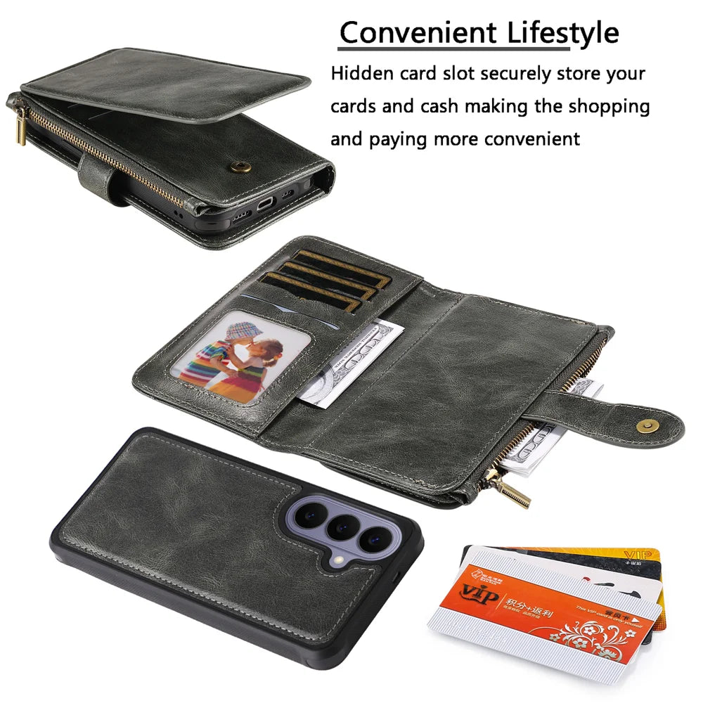 For Samsung Galaxy S26 Phone Case PU Leather Zipper Wallet Detachable Cover - Green - 7