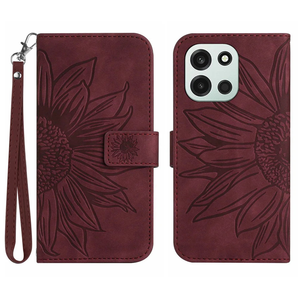 For OnePlus Nord 6 5G / Turbo 6V 5G / Turbo 6 5G  Case Sunflower Imprint Leather Wallet Phone Cover with Wrist Strap - Wine Red - 1
