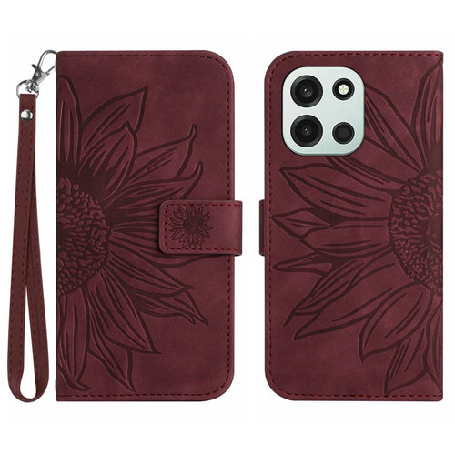 For OnePlus Nord 6 5G / Turbo 6V 5G / Turbo 6 5G  Case Sunflower Imprint Leather Wallet Phone Cover with Wrist Strap - Wine Red - 1