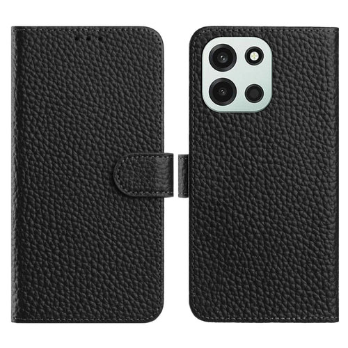 For OnePlus Nord 6 5G / Turbo 6V 5G / Turbo 6 5G  Case Wallet Stand Litchi Texture Genuine Cow Leather Flip Phone Cover - Black - 1