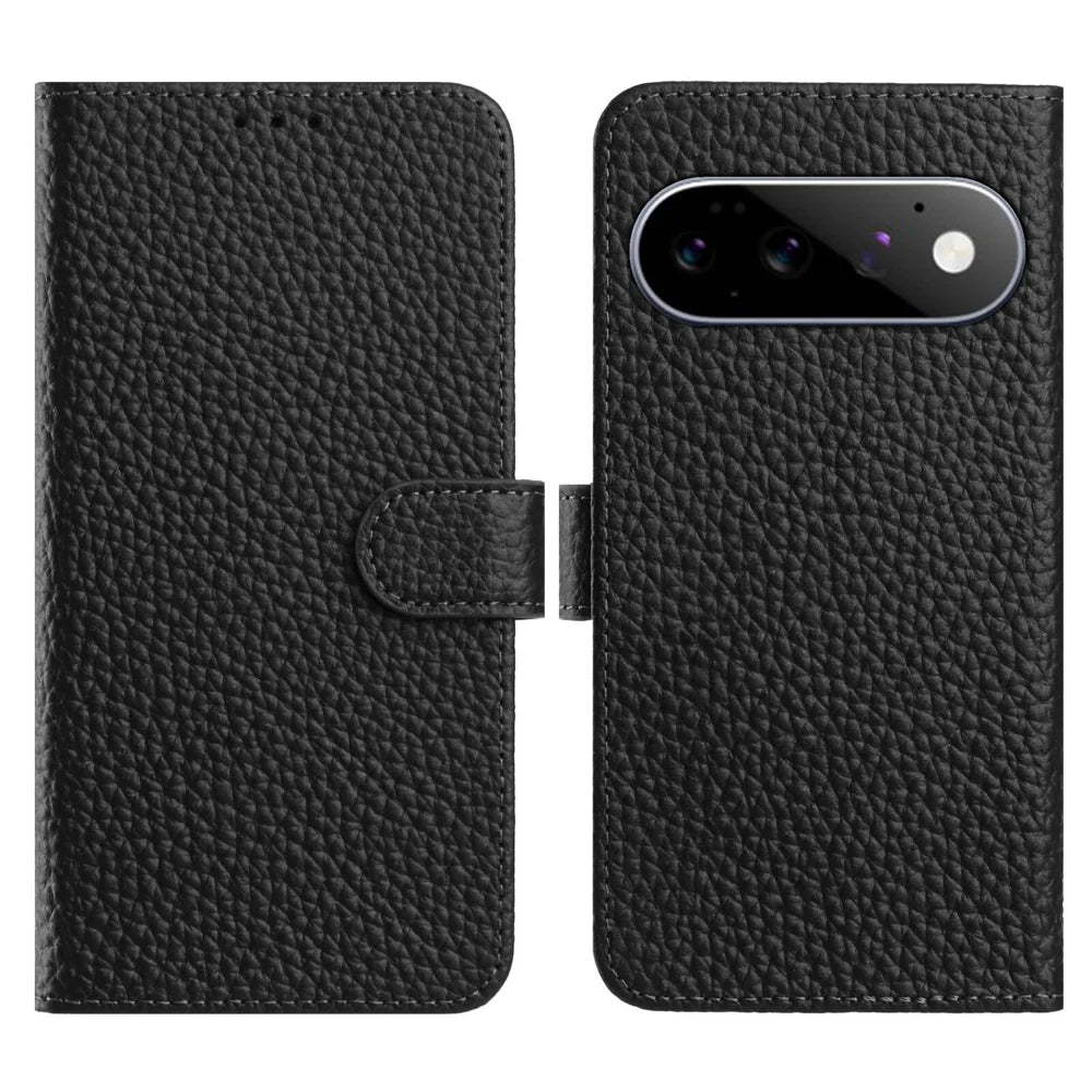 For Google Pixel 11 Pro XL Case Wallet Stand Litchi Texture Genuine Cow Leather Flip Phone Cover - Black - 1