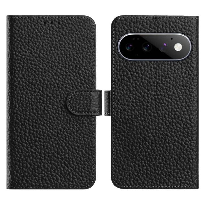 For Google Pixel 11 Pro XL Case Wallet Stand Litchi Texture Genuine Cow Leather Flip Phone Cover - Black - 1