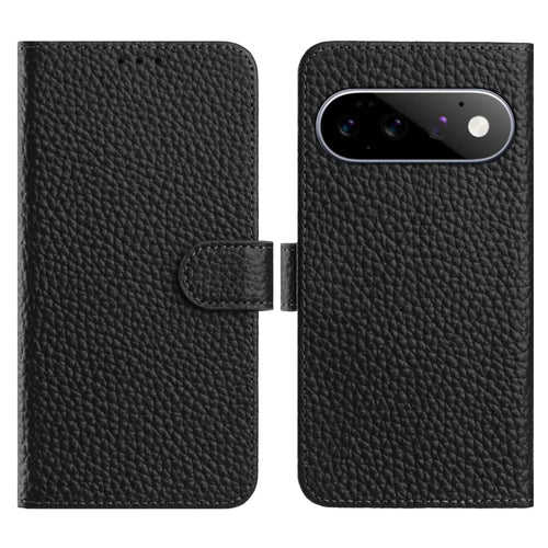 For Google Pixel 11 Pro / 11 Case Wallet Stand Litchi Texture Genuine Cow Leather Flip Phone Cover - Black - 1