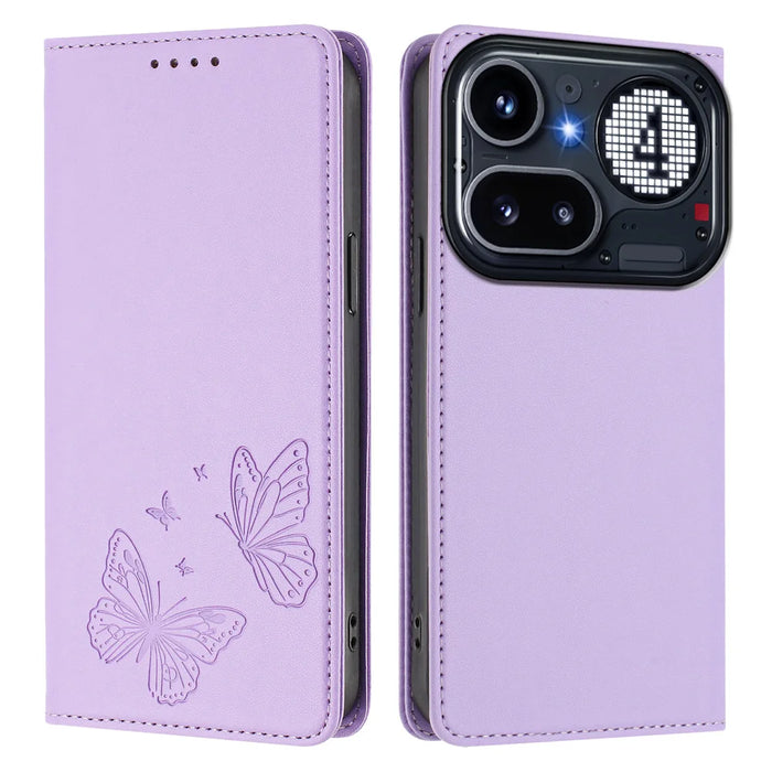 For Nothing Phone (4a) Pro Wallet Case RFID Blocking Butterfly Imprinted Magnetic Flip Leather Cover - Light Purple - 1