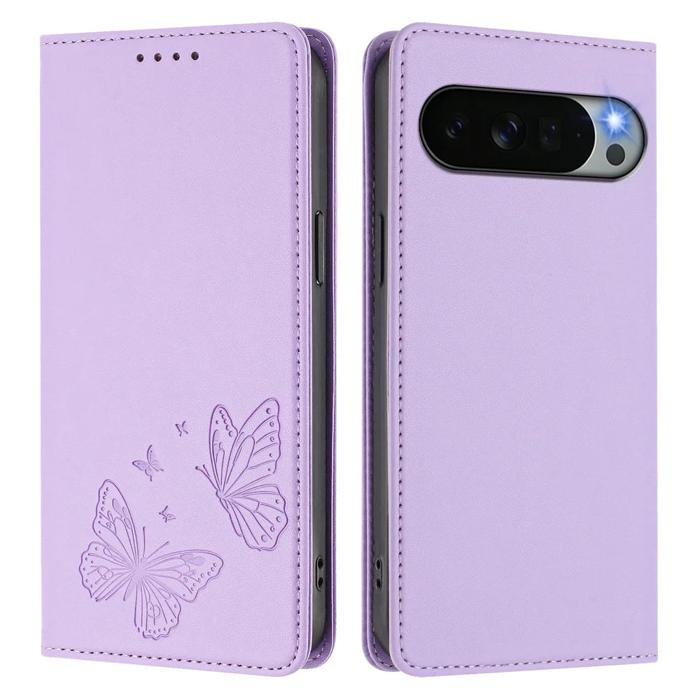 For Google Pixel 11 Pro XL Wallet Case RFID Blocking Butterfly Imprinted Magnetic Flip Leather Cover - Light Purple - 1