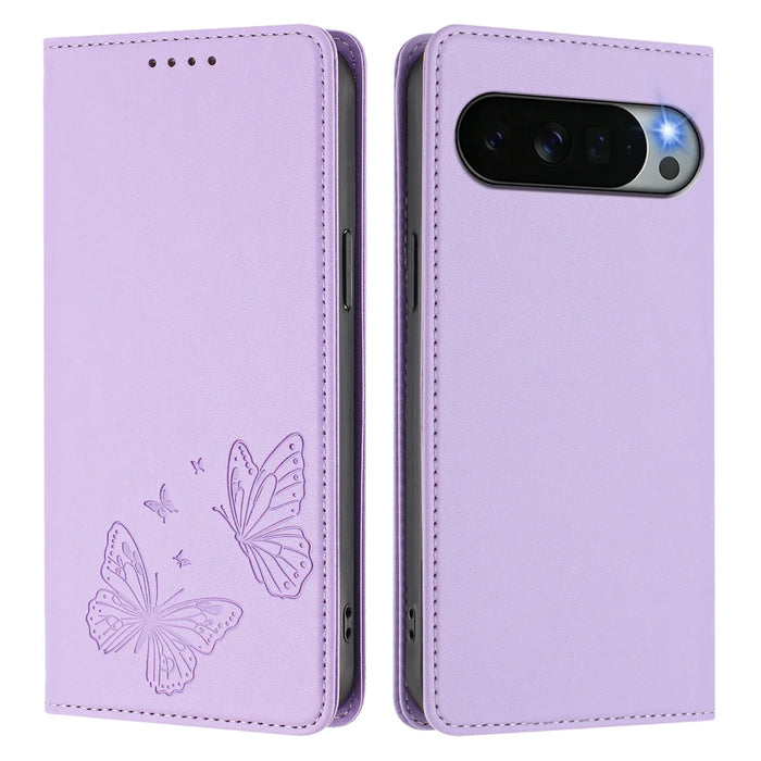 For Google Pixel 11 Pro XL Wallet Case RFID Blocking Butterfly Imprinted Magnetic Flip Leather Cover - Light Purple - 1