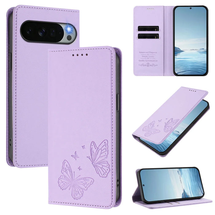 For Google Pixel 11 Pro XL Wallet Case RFID Blocking Butterfly Imprinted Magnetic Flip Leather Cover - Light Purple - 2