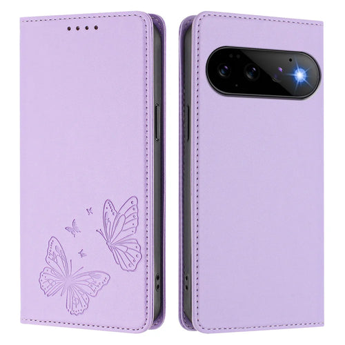For Google Pixel 11 Pro / Pixel 11 Wallet Case RFID Blocking Butterfly Imprinted Magnetic Flip Leather Cover - Light Purple - 1