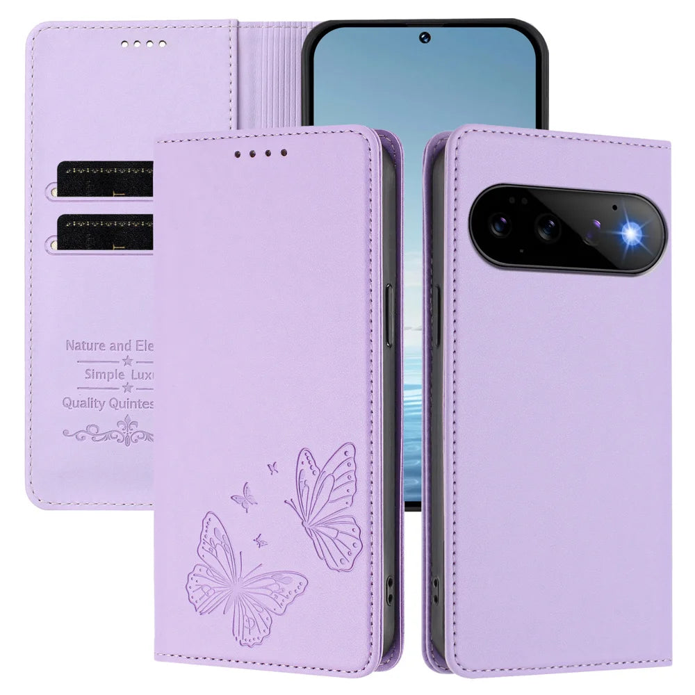 For Google Pixel 11 Pro / Pixel 11 Wallet Case RFID Blocking Butterfly Imprinted Magnetic Flip Leather Cover - Light Purple - 2