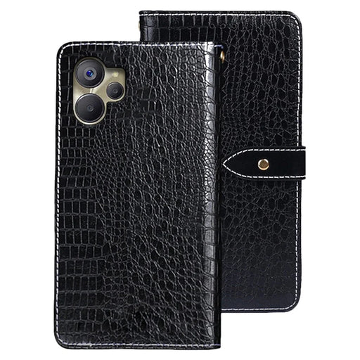 IDEWEI Magnetic Protective Cover for Realme 10 5G / 9i 5G, Drop-proof Crocodile Texture PU Leather Wallet Folio Flip Phone Case with Stand Function - Black - 1