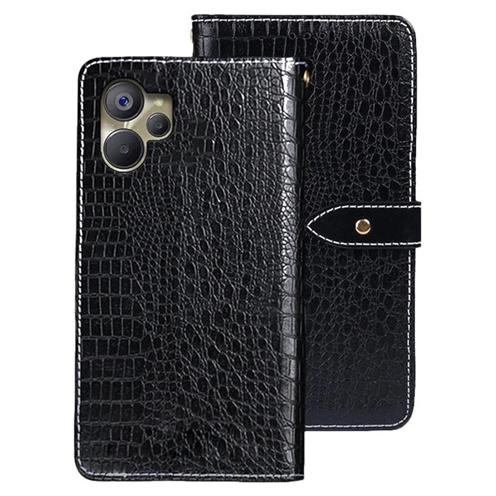 IDEWEI Magnetic Protective Cover for Realme 10 5G / 9i 5G, Drop-proof Crocodile Texture PU Leather Wallet Folio Flip Phone Case with Stand Function - Black - 1