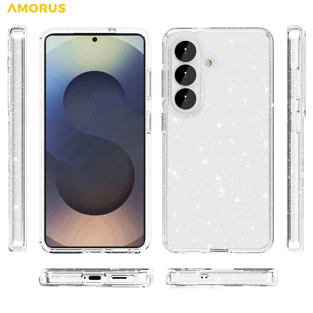 AMORUS For Samsung Galaxy S26 Case Soft TPU Hard PC Back Shockproof Phone Cover - Glitter White - 3