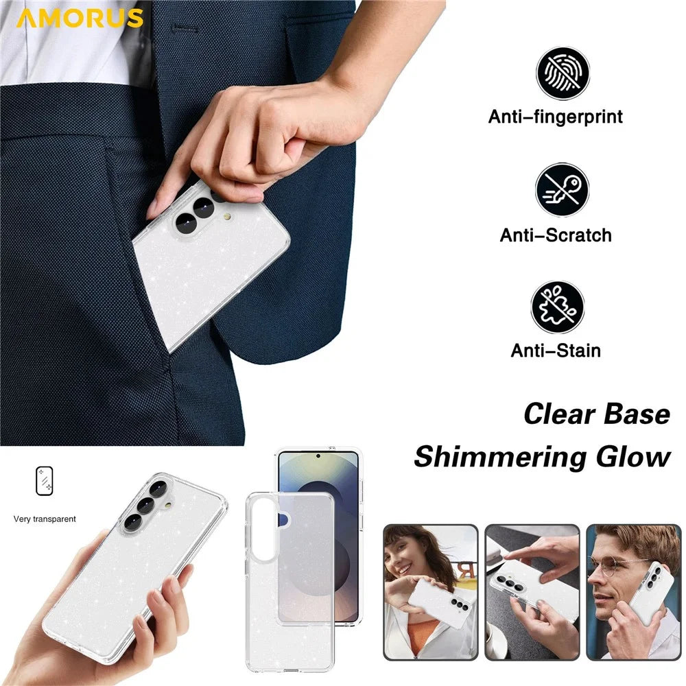 AMORUS For Samsung Galaxy S26 Case Soft TPU Hard PC Back Shockproof Phone Cover - Glitter White - 7