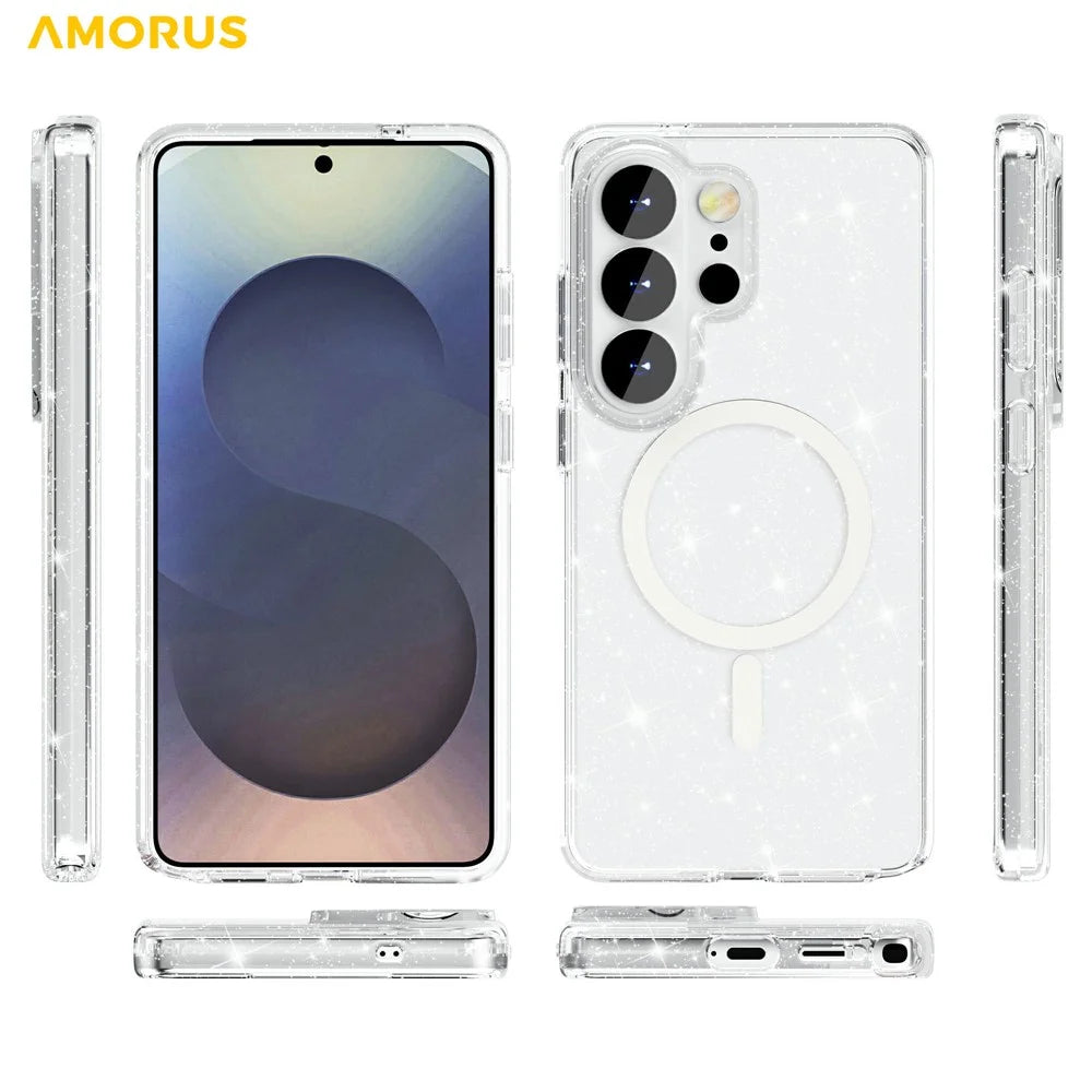 AMORUS For Samsung Galaxy S26 Ultra Magnetic Case Glitter Powder PC + TPU Phone Cover - Glitter White - 3