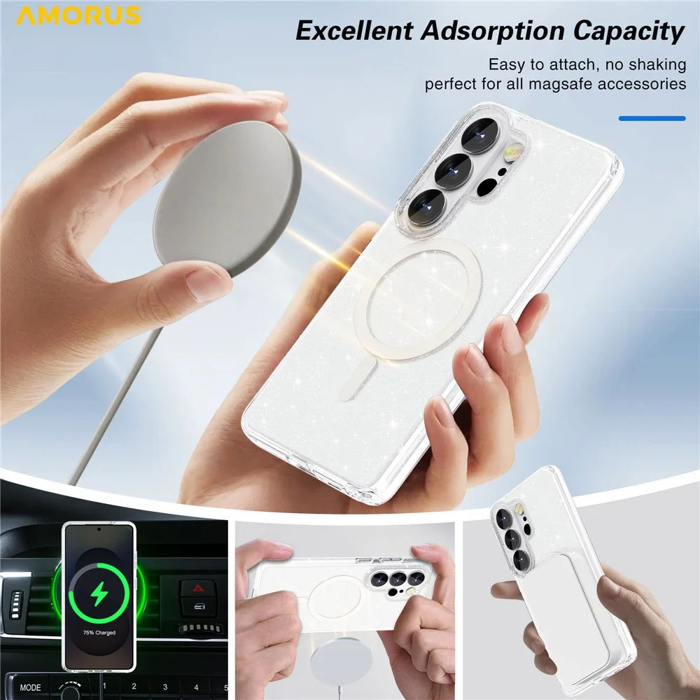 AMORUS For Samsung Galaxy S26 Ultra Magnetic Case Glitter Powder PC + TPU Phone Cover - Glitter White - 4