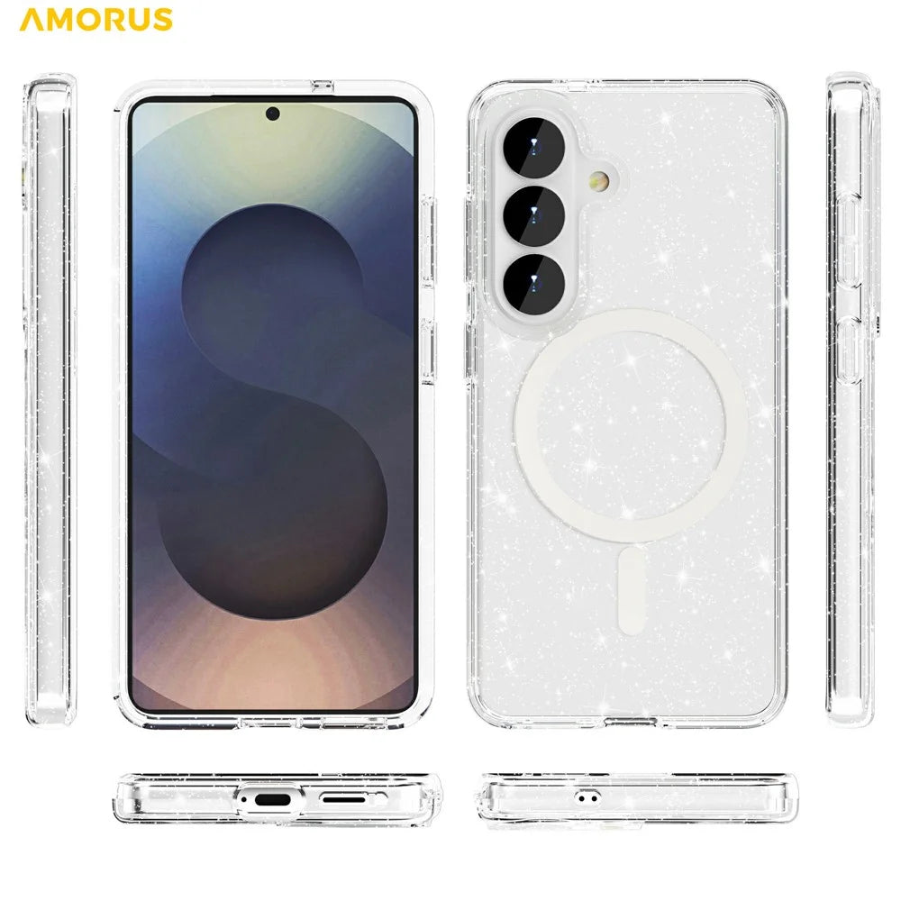 AMORUS For Samsung Galaxy S26 Magnetic Case Glitter Powder PC + TPU Phone Cover - Glitter White - 3