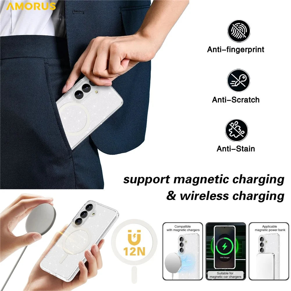 AMORUS For Samsung Galaxy S26 Magnetic Case Glitter Powder PC + TPU Phone Cover - Glitter White - 7
