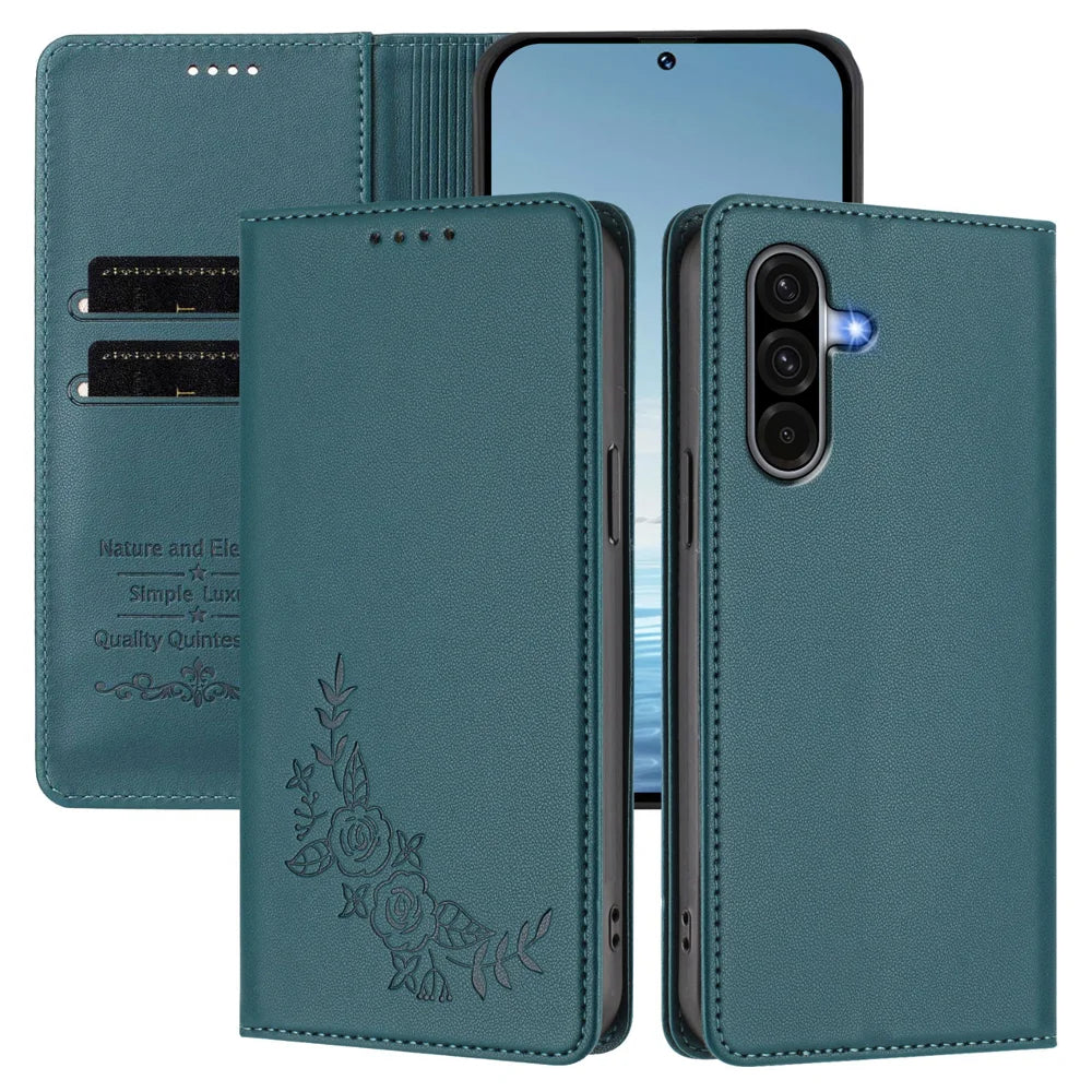 For Samsung Galaxy A18 5G / A18 4G / A17 5G / A17 4G / A26 5G Wallet Stand Case Peony Flower Pattern TPU PU Leather Flip Cover - Green - 2