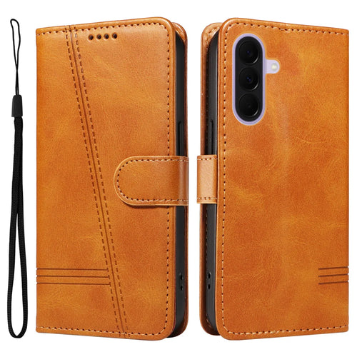 For Samsung Galaxy A27 5G Wallet Case T-Shape Lines Leather Phone Cover Stand - Brown - 1
