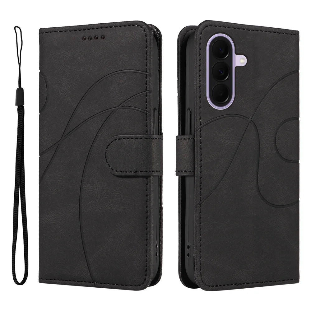 For Samsung Galaxy A27 5G Wallet Case Leather Phone Cover Stand with Curved Line Design -  Black - 1
