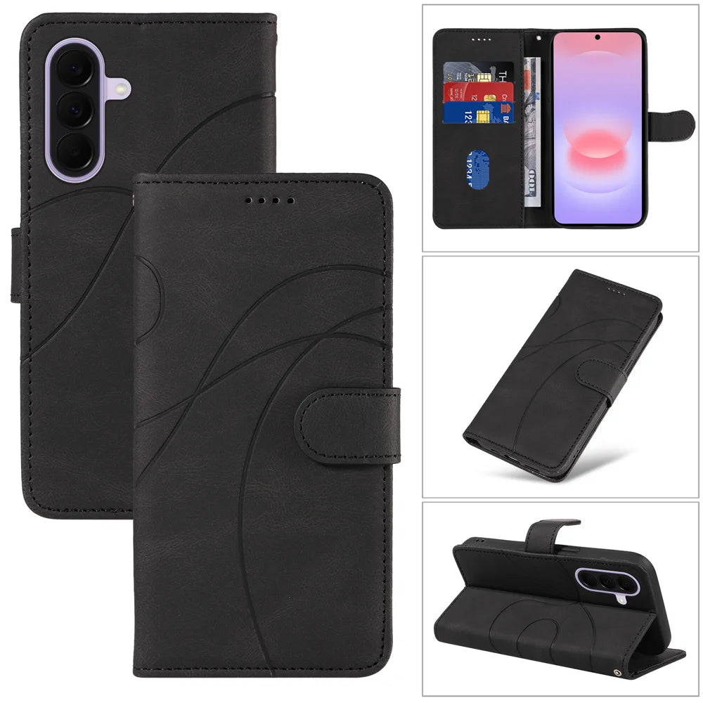For Samsung Galaxy A27 5G Wallet Case Leather Phone Cover Stand with Curved Line Design -  Black - 2