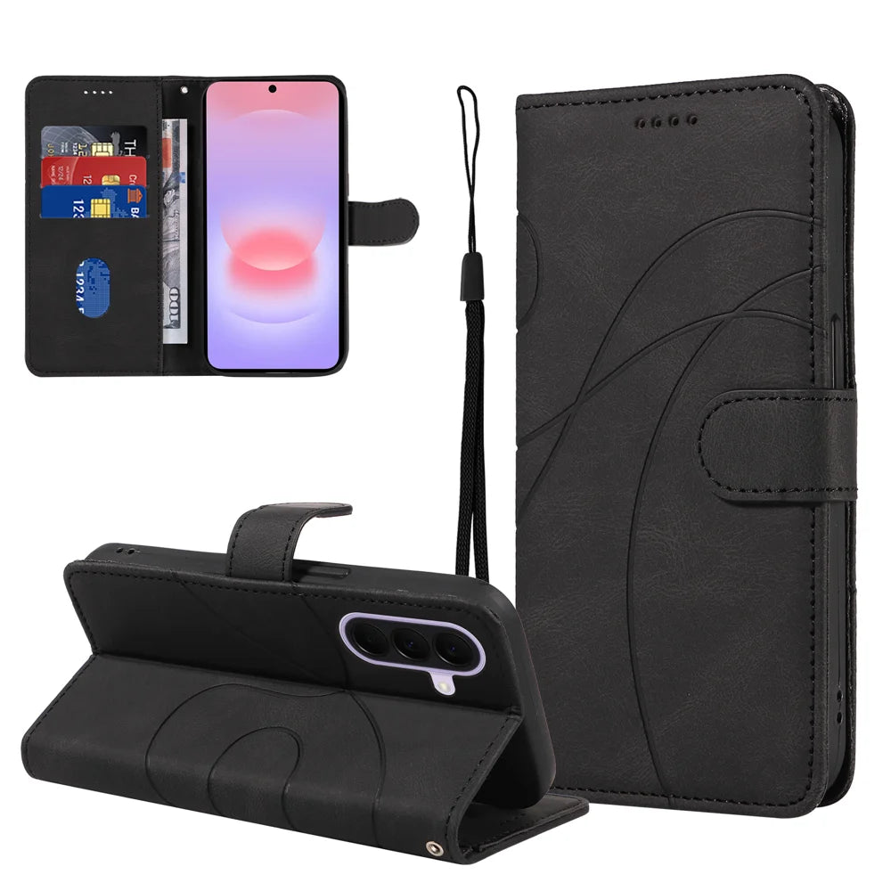 For Samsung Galaxy A27 5G Wallet Case Leather Phone Cover Stand with Curved Line Design -  Black - 3