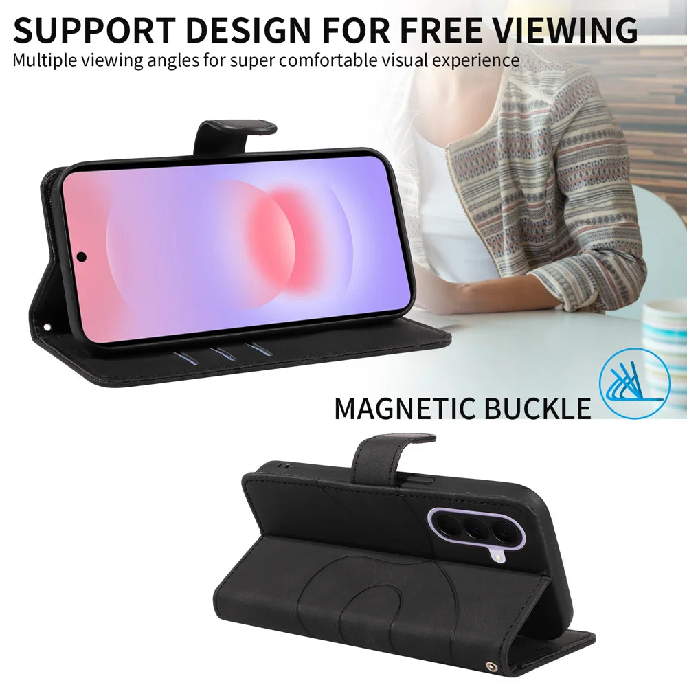 For Samsung Galaxy A27 5G Wallet Case Leather Phone Cover Stand with Curved Line Design -  Black - 4