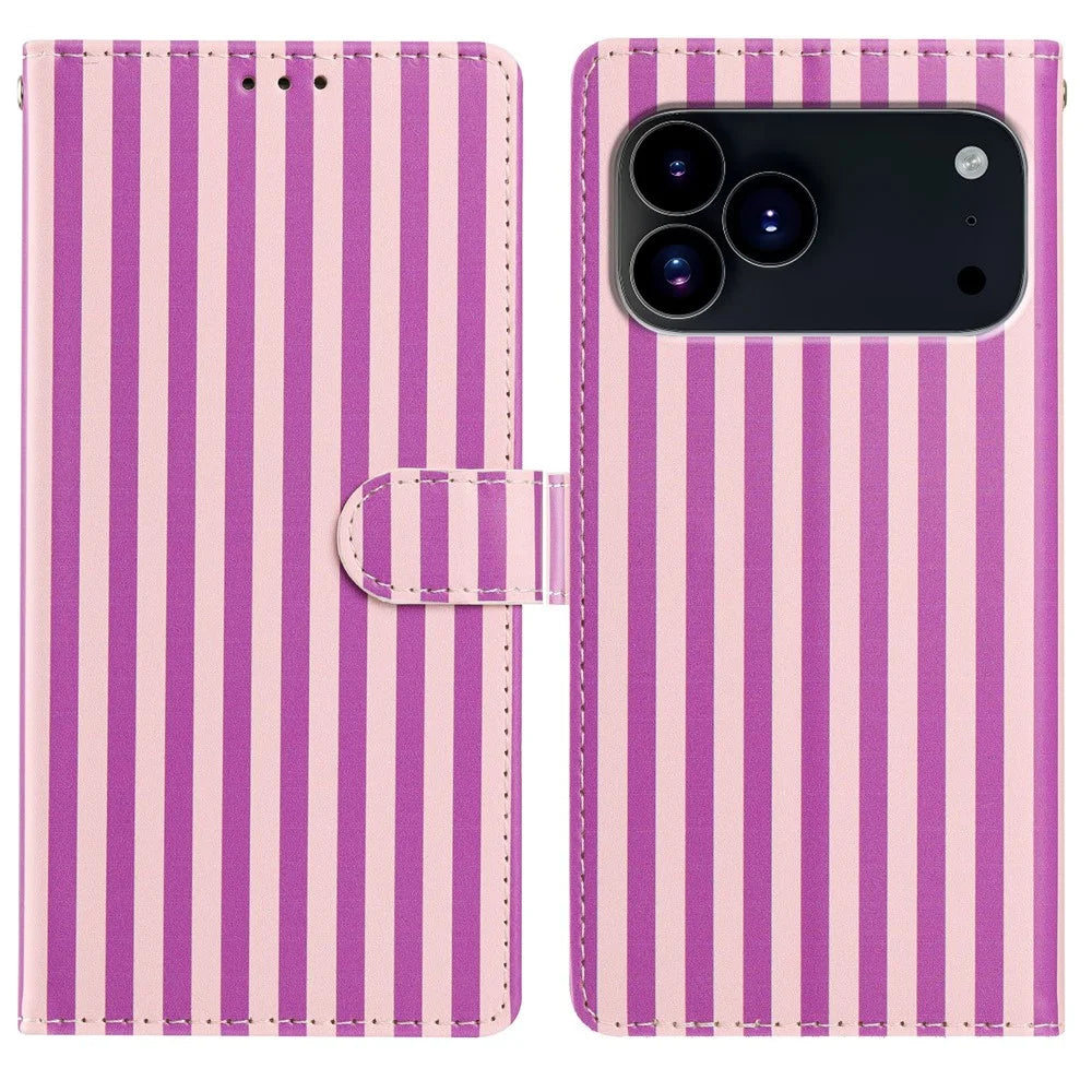For iPhone 18 Pro Max / 17 Pro Max Wallet Case Vintage Stripes Leather Stand Flip Phone Cover with Wrist Strap - Purple - 1