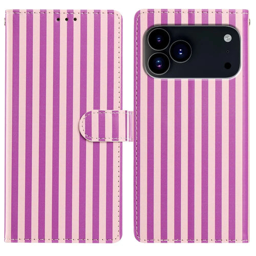 For iPhone 18 Pro Max / 17 Pro Max Wallet Case Vintage Stripes Leather Stand Flip Phone Cover with Wrist Strap - Purple - 1