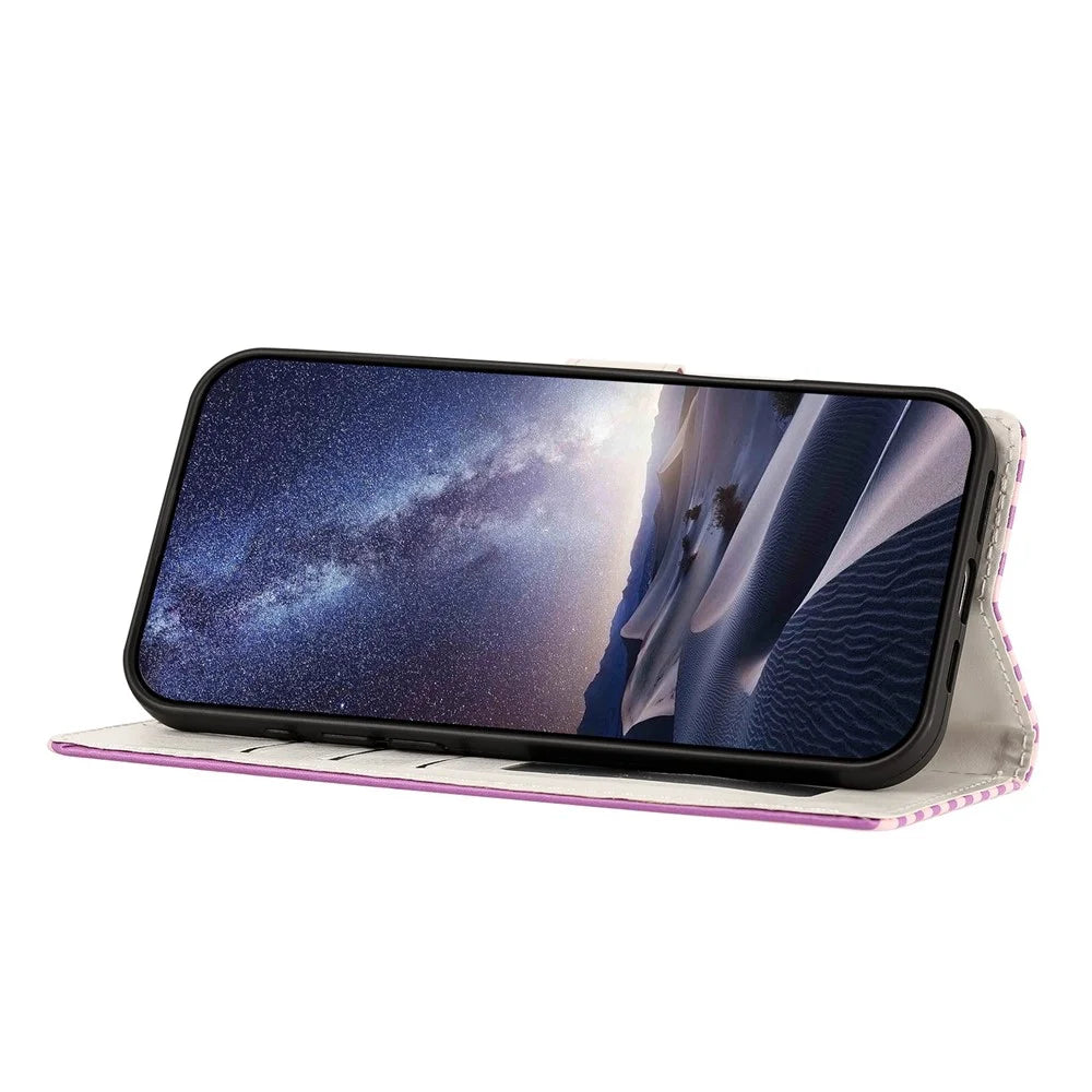 For iPhone 18 Pro Max / 17 Pro Max Wallet Case Vintage Stripes Leather Stand Flip Phone Cover with Wrist Strap - Purple - 3