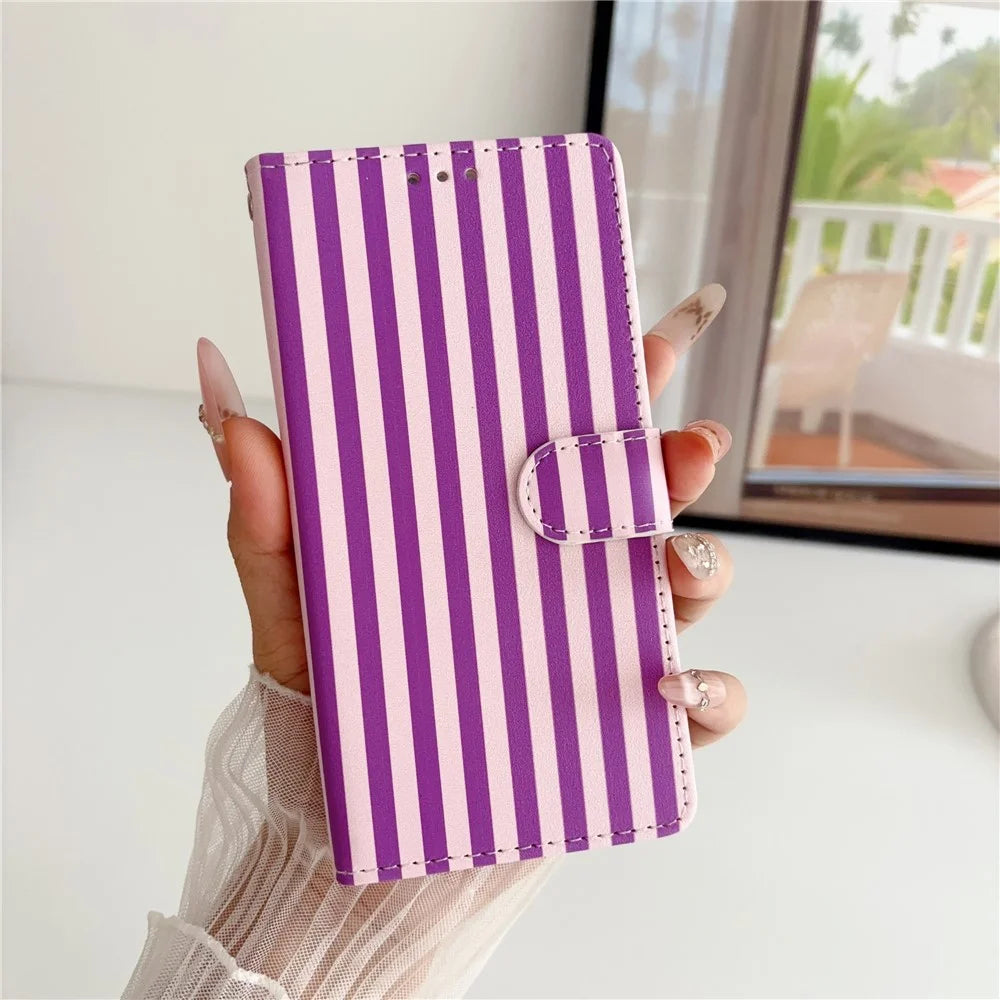 For iPhone 18 Pro Max / 17 Pro Max Wallet Case Vintage Stripes Leather Stand Flip Phone Cover with Wrist Strap - Purple - 4