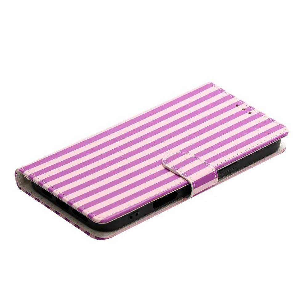For iPhone 18 Pro Max / 17 Pro Max Wallet Case Vintage Stripes Leather Stand Flip Phone Cover with Wrist Strap - Purple - 5