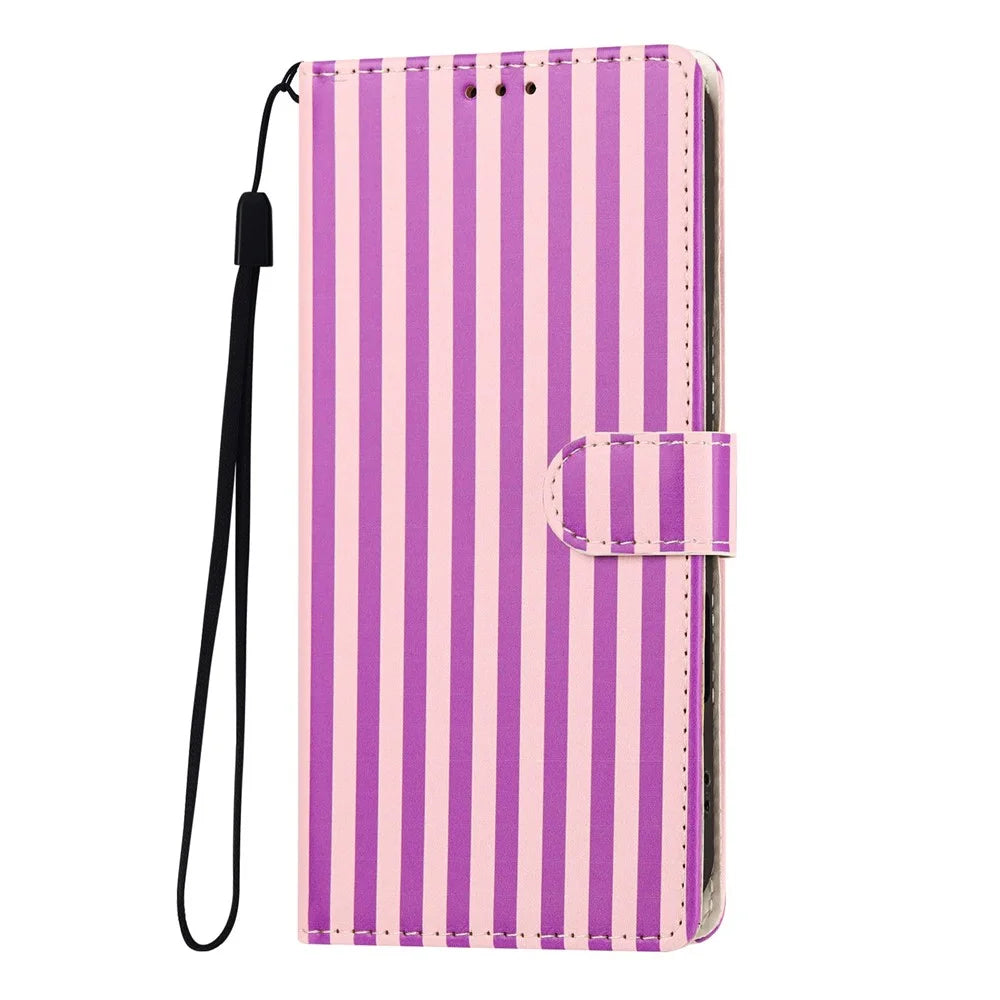 For iPhone 18 Pro Max / 17 Pro Max Wallet Case Vintage Stripes Leather Stand Flip Phone Cover with Wrist Strap - Purple - 6